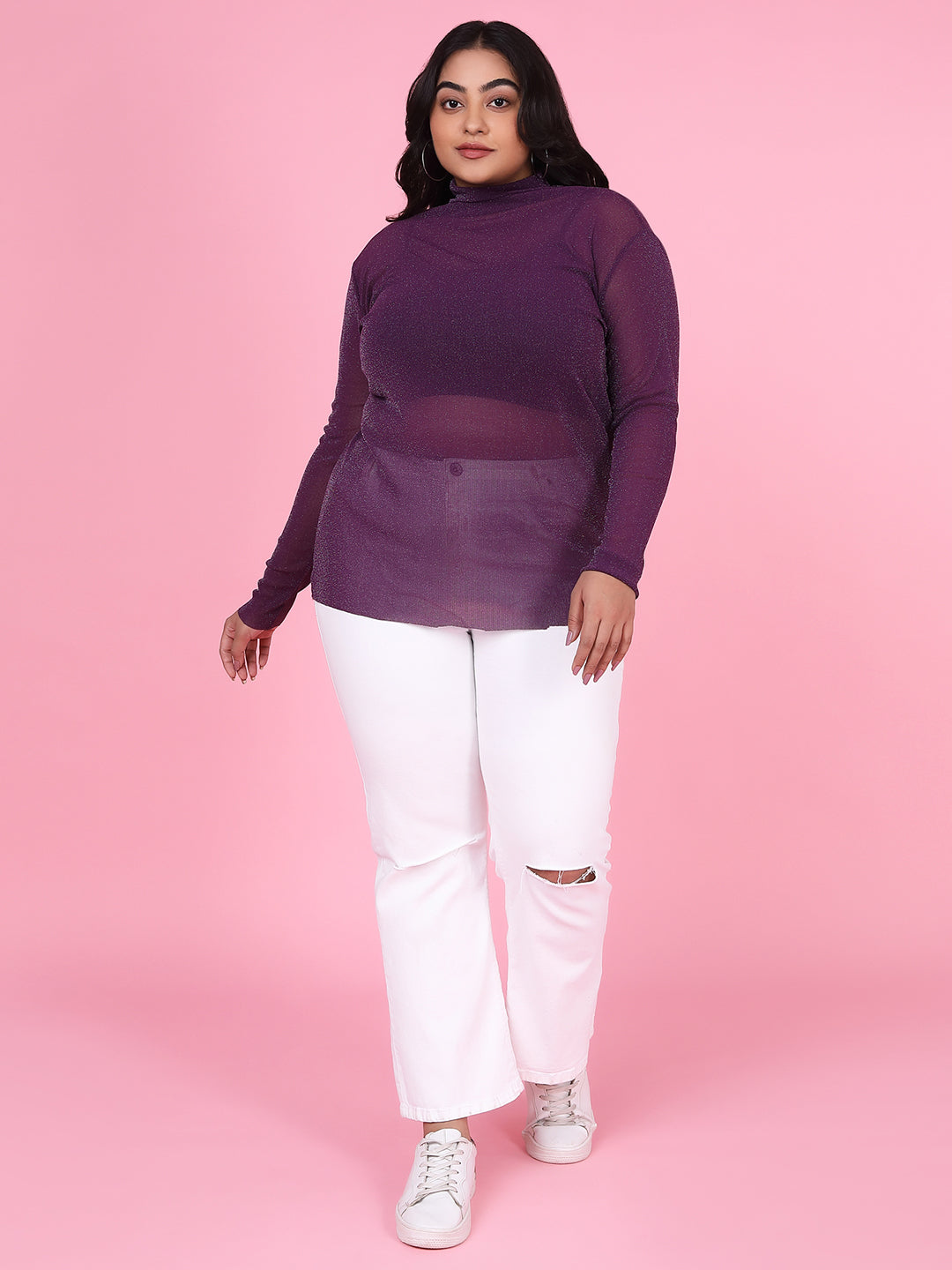 Women Solid Purple Sheer Top