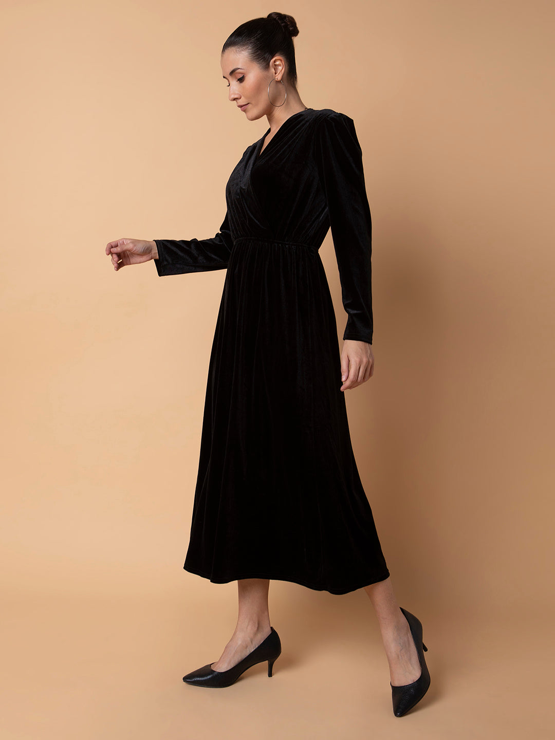 Women Solid Black Midi Fit and Flare Dress