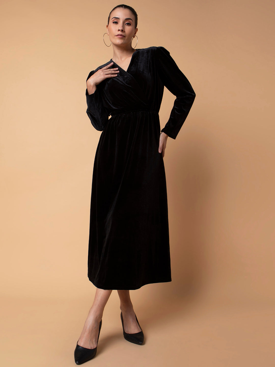 Women Solid Black Midi Fit and Flare Dress