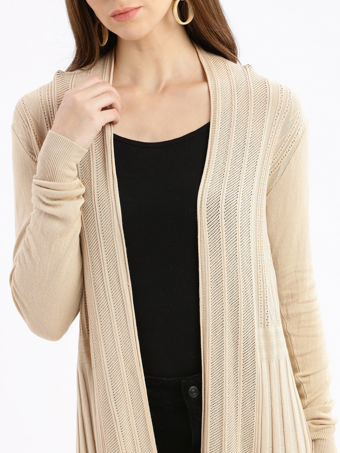 Women Beige Self Design Open Front Longline Shrug