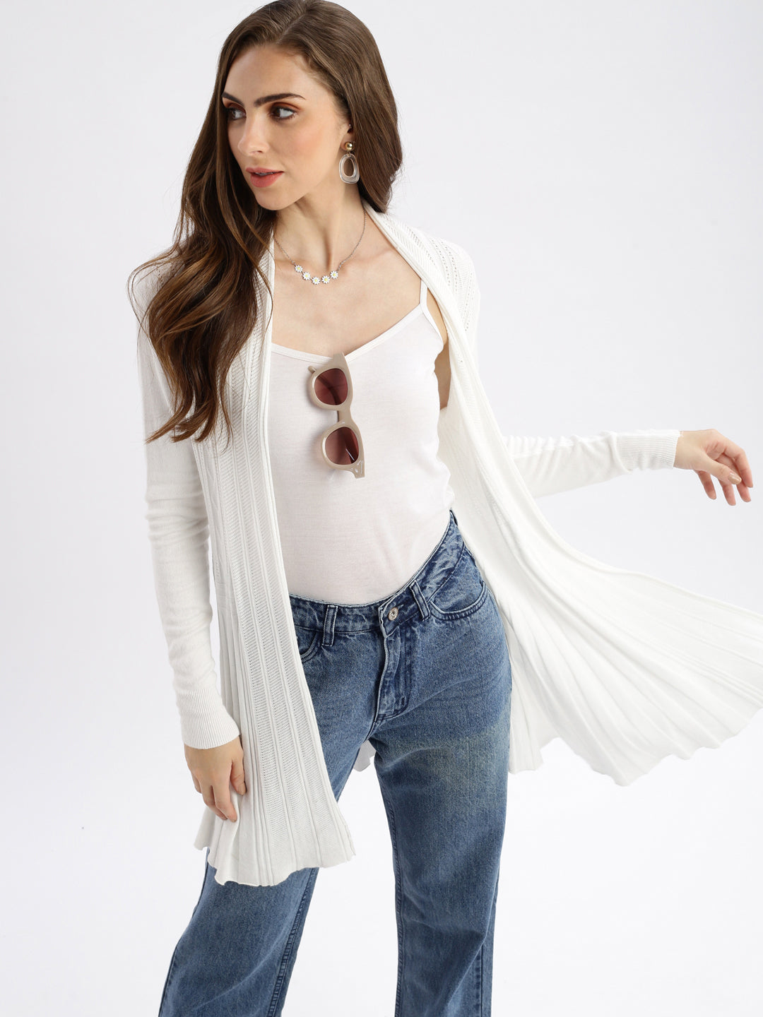 Women White Self Design Open Front Longline Shrug