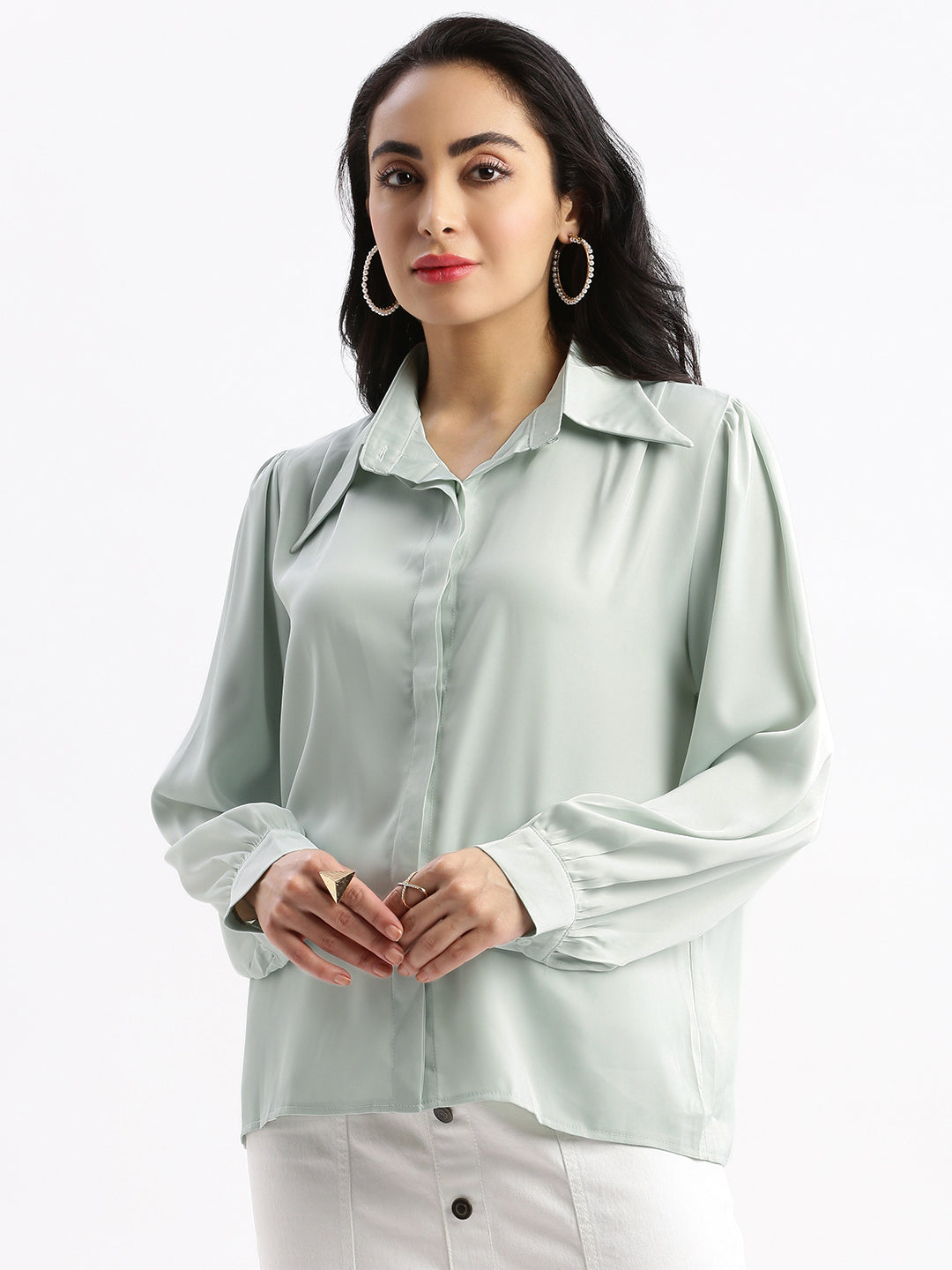 Women Solid Sea Green Shirt