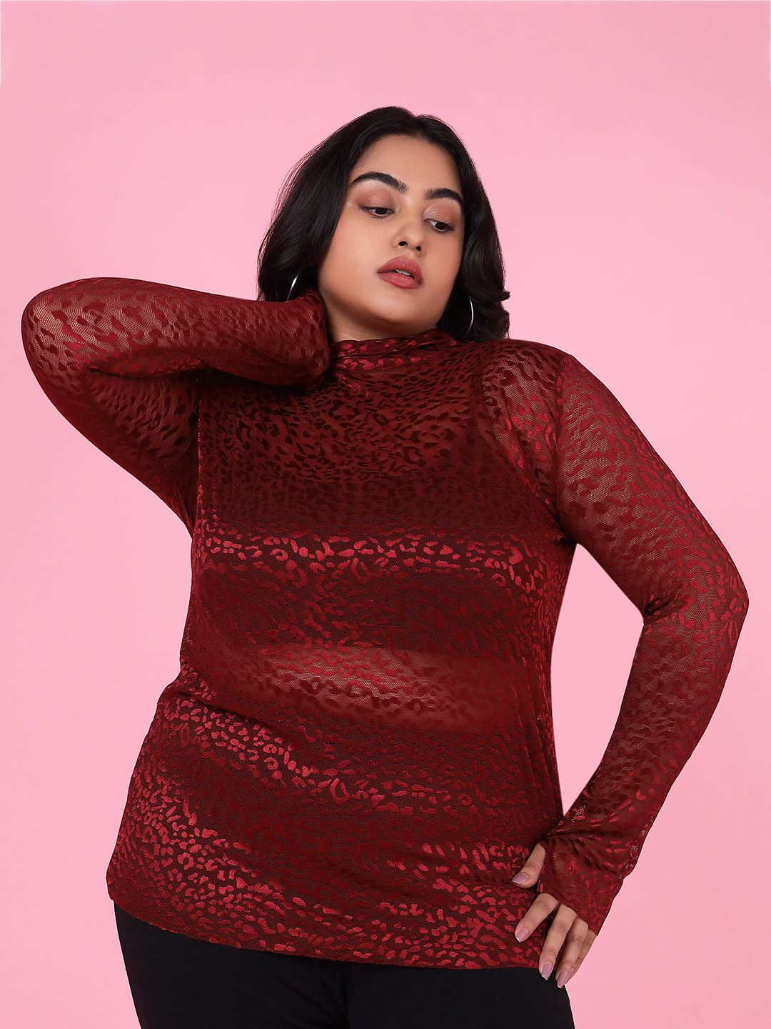 Women Solid Maroon Sheer Top