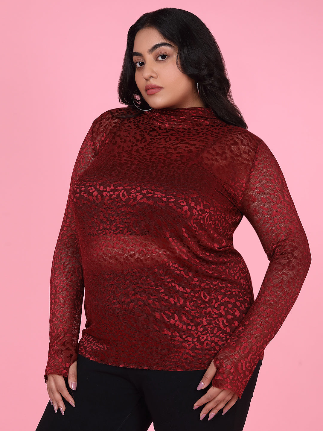 Women Solid Maroon Sheer Top