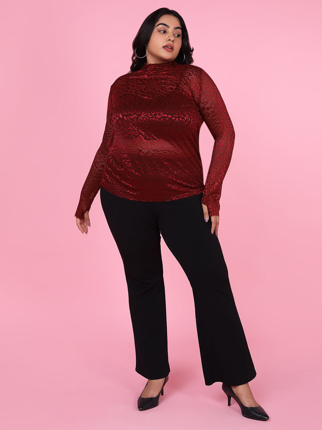 Women Solid Maroon Sheer Top