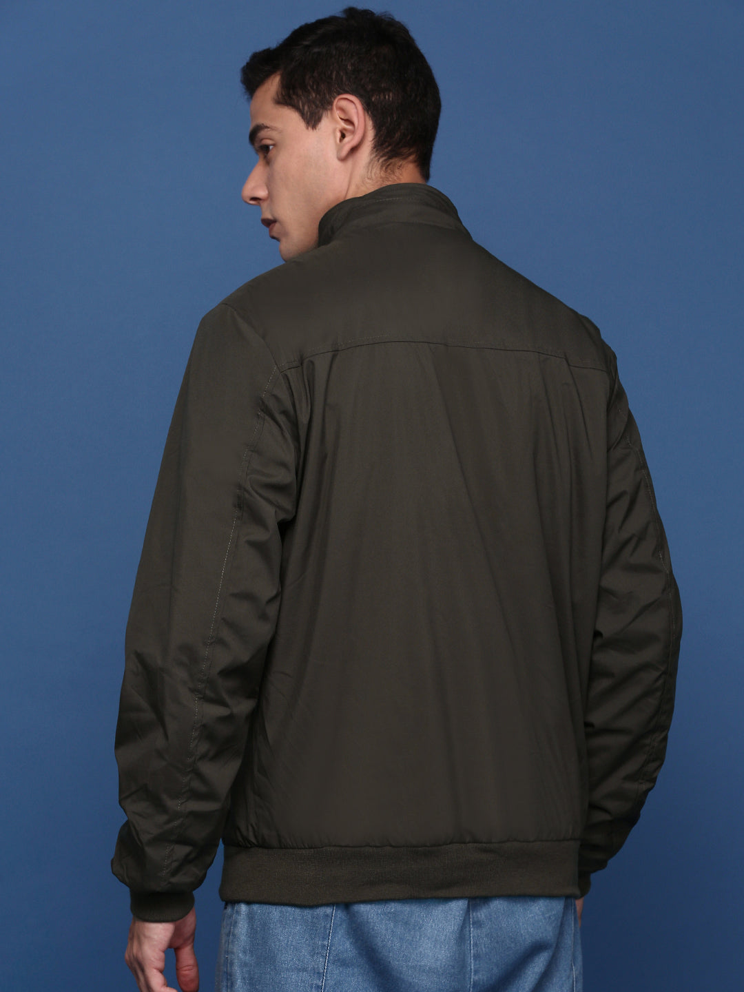 Men Solid Olive Bomber Jacket