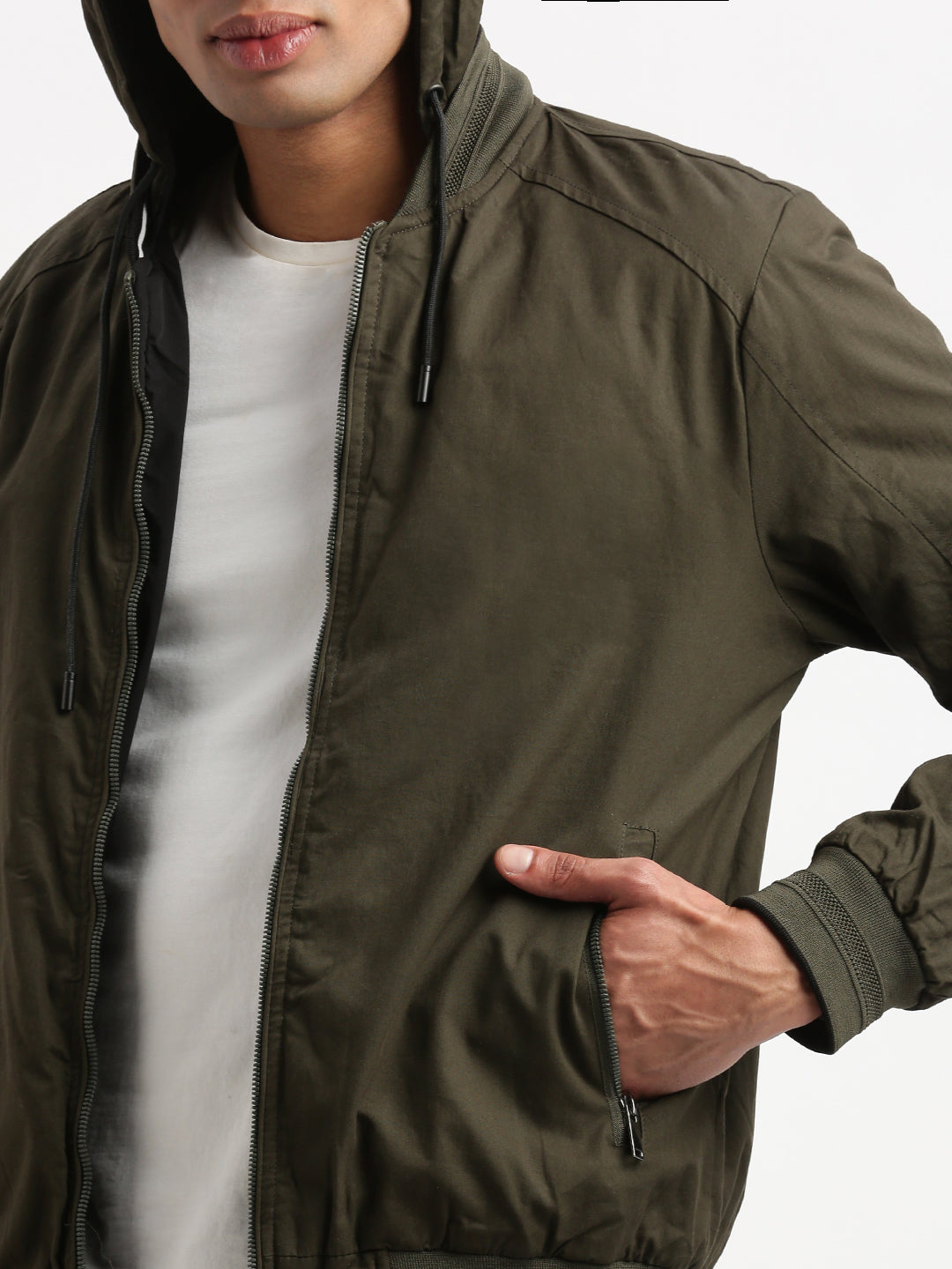 Men Mandarin Collar Green Solid Reversible Bomber Jacket comes with Detachable Hoodie