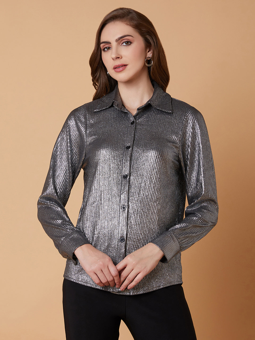 Women Solid Metallic Slim Fit Shirt