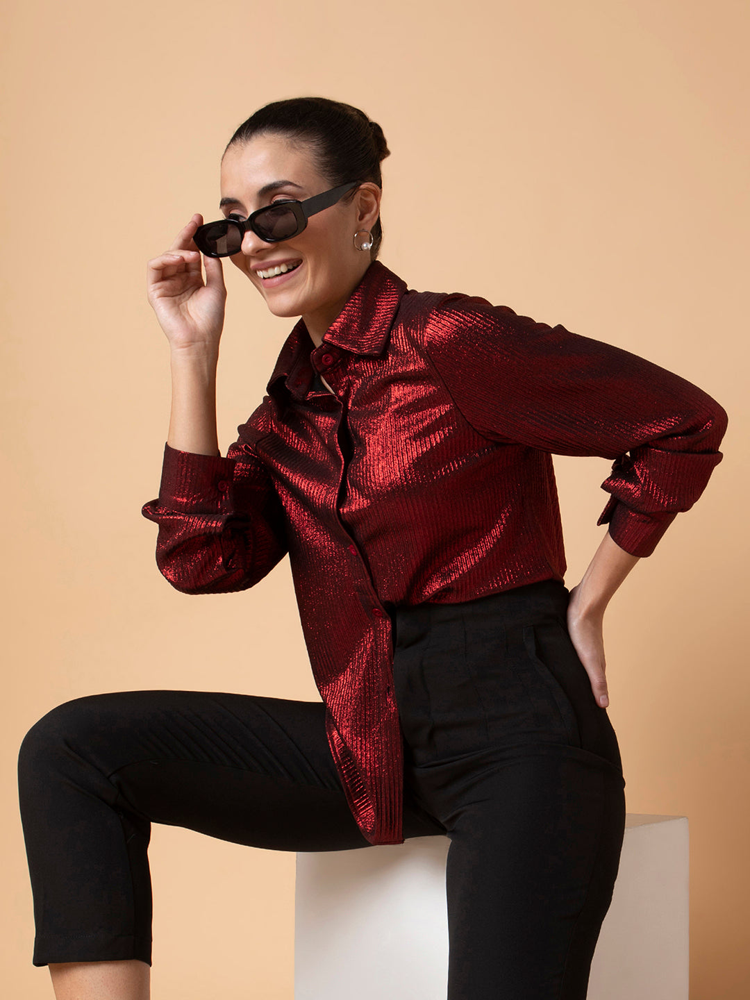 Women Solid Red Slim Fit Shirt