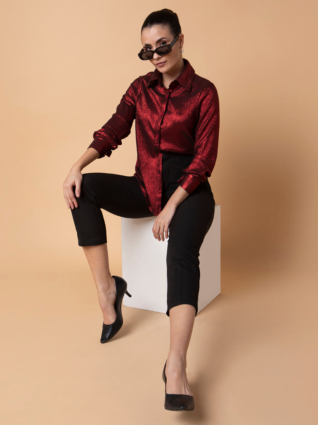 Women Solid Red Slim Fit Shirt