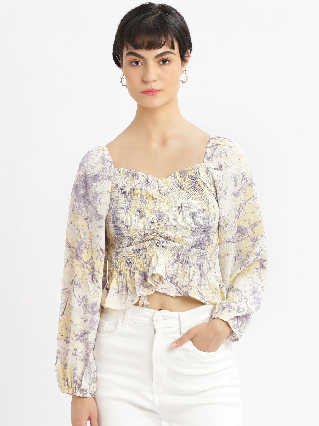 Women Abstract Lavender Fitted Ruched Crop Top