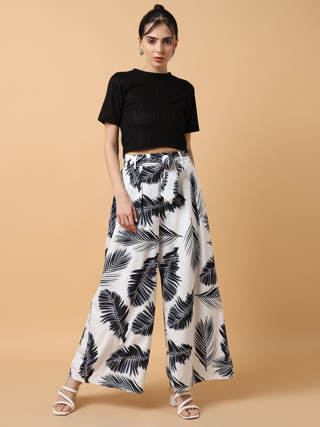 Women Floral Black Trouser with Belt