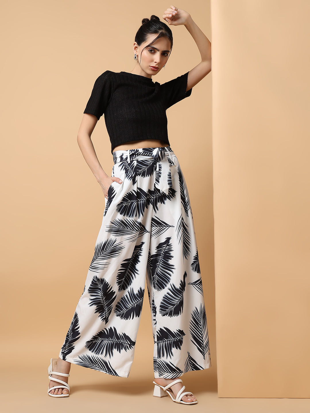 Women Floral Black Trouser with Belt