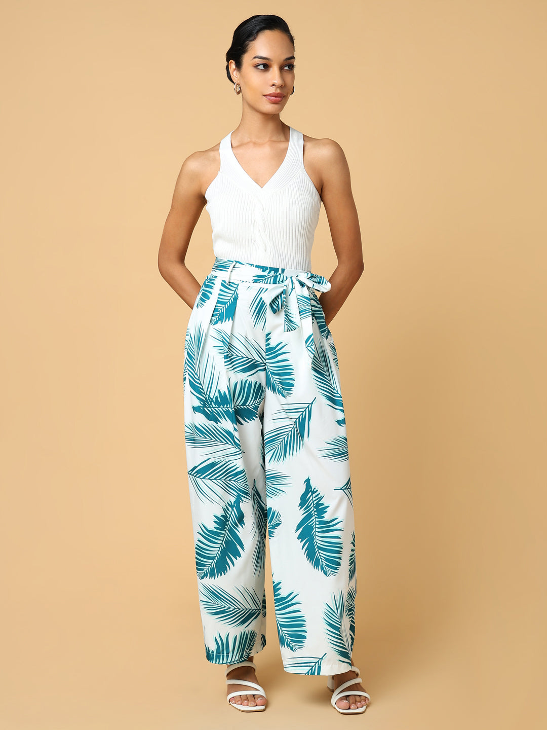 Women Floral White Trouser with Belt