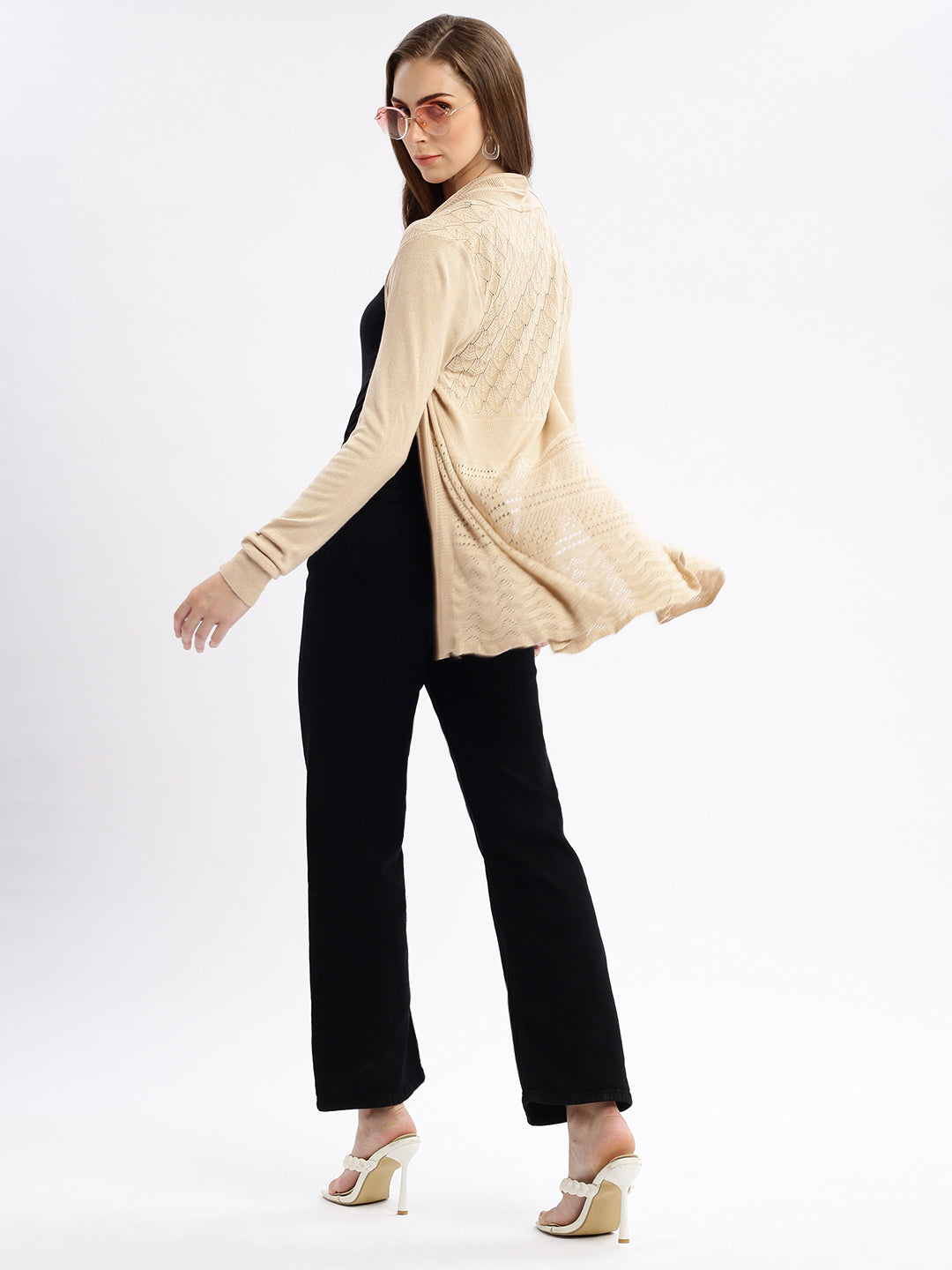 Women Beige Self Design Open Front Longline Shrug