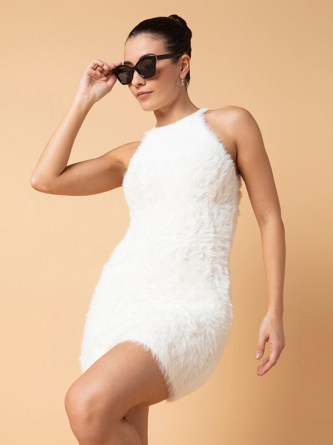 Women Solid Off White Mini Bodycon Dress