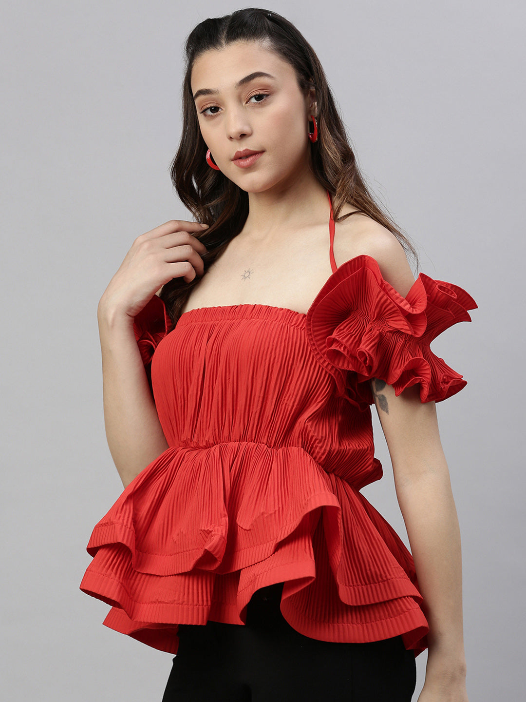 Women Solid Red Cinched Waist Top