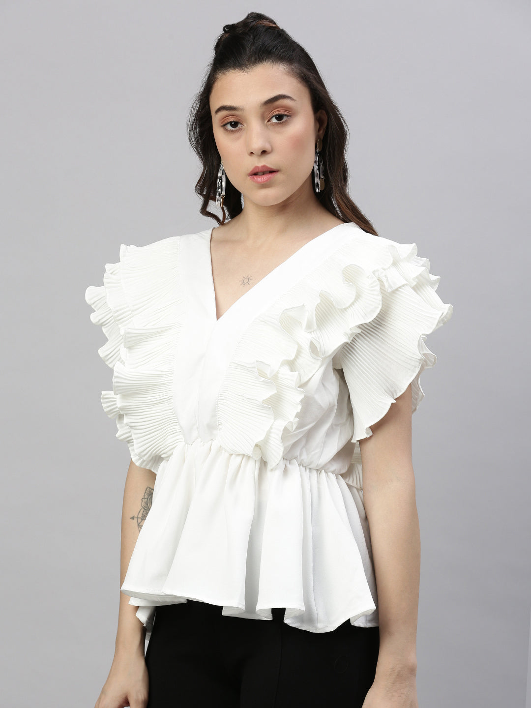 Women Solid White Cinched Waist Top