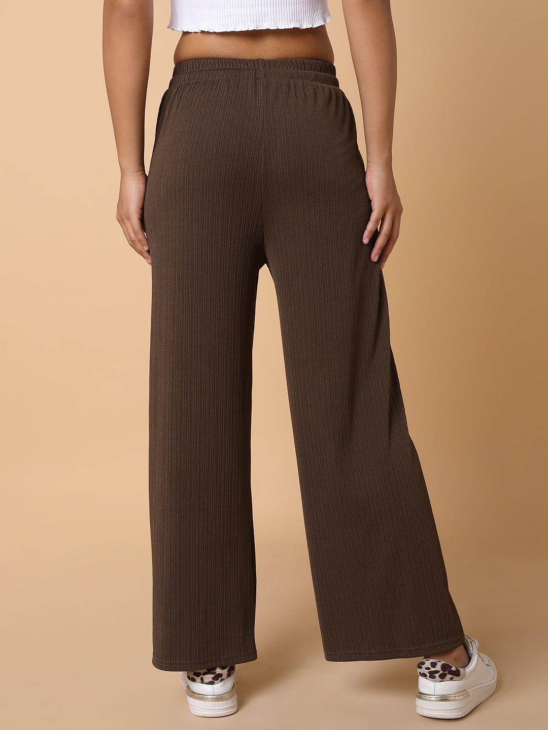 Women Flat Front Solid Brown Trousers