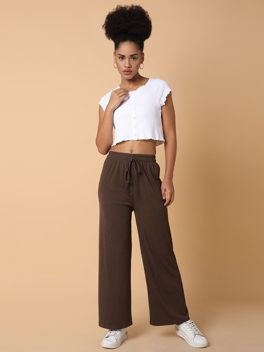 Women Flat Front Solid Brown Trousers