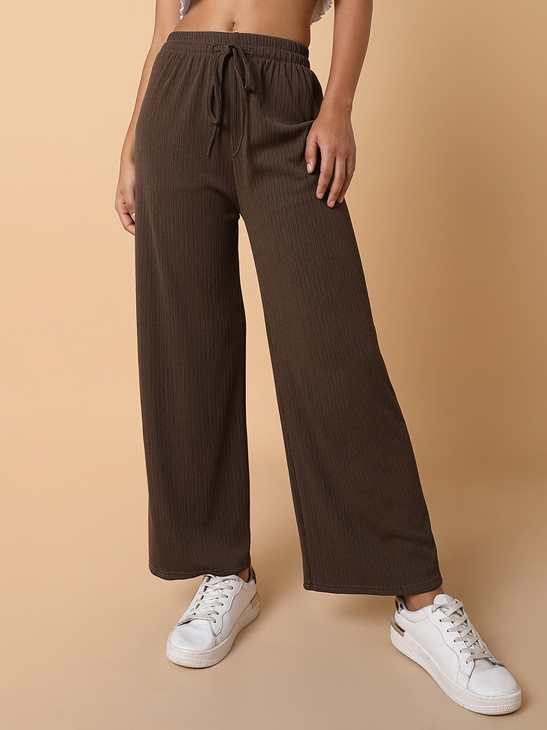 Women Flat Front Solid Brown Trousers