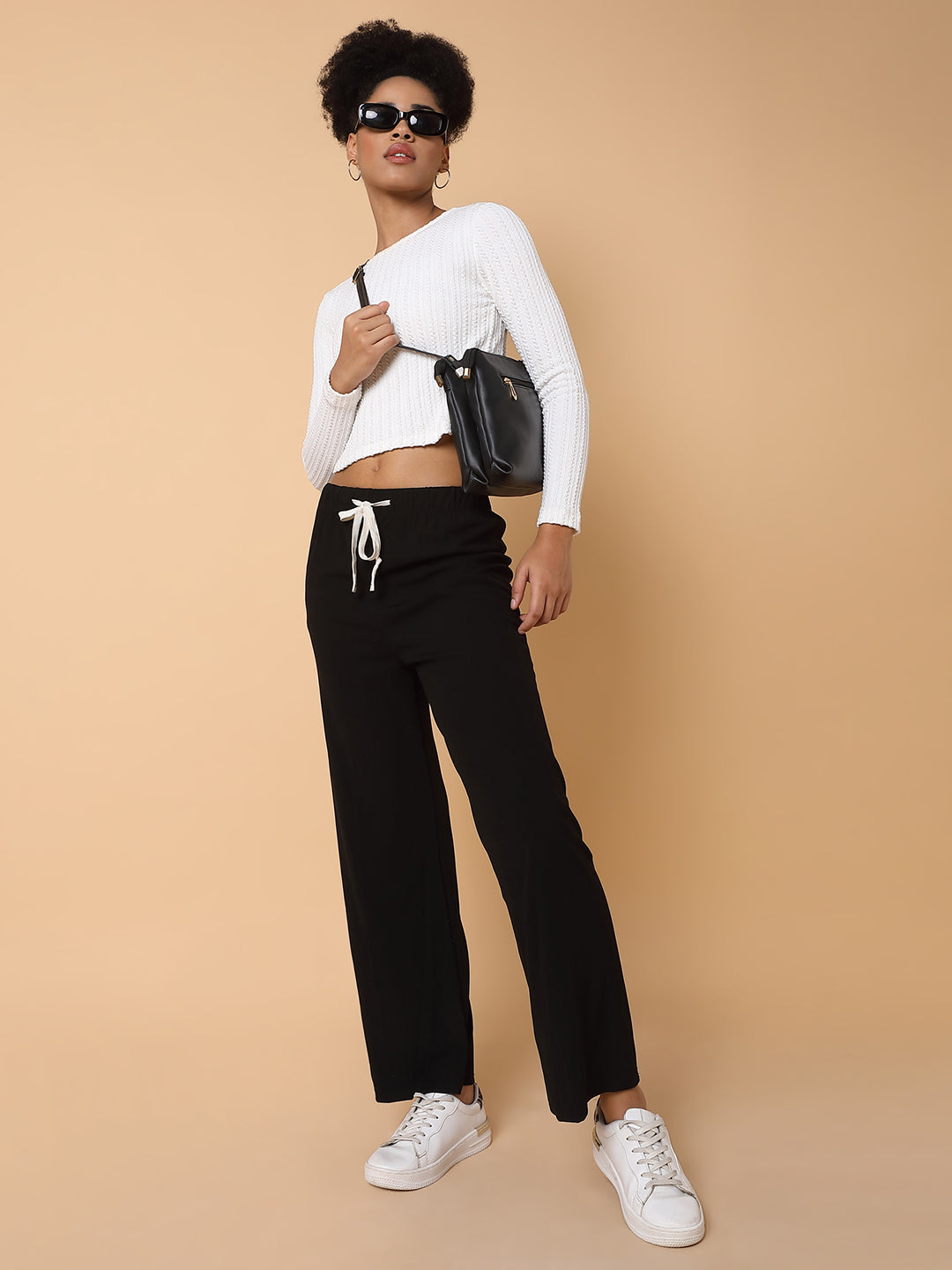 Women Flat Front Solid Black Trousers