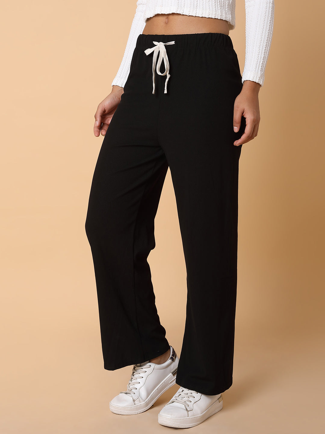 Women Flat Front Solid Black Trousers