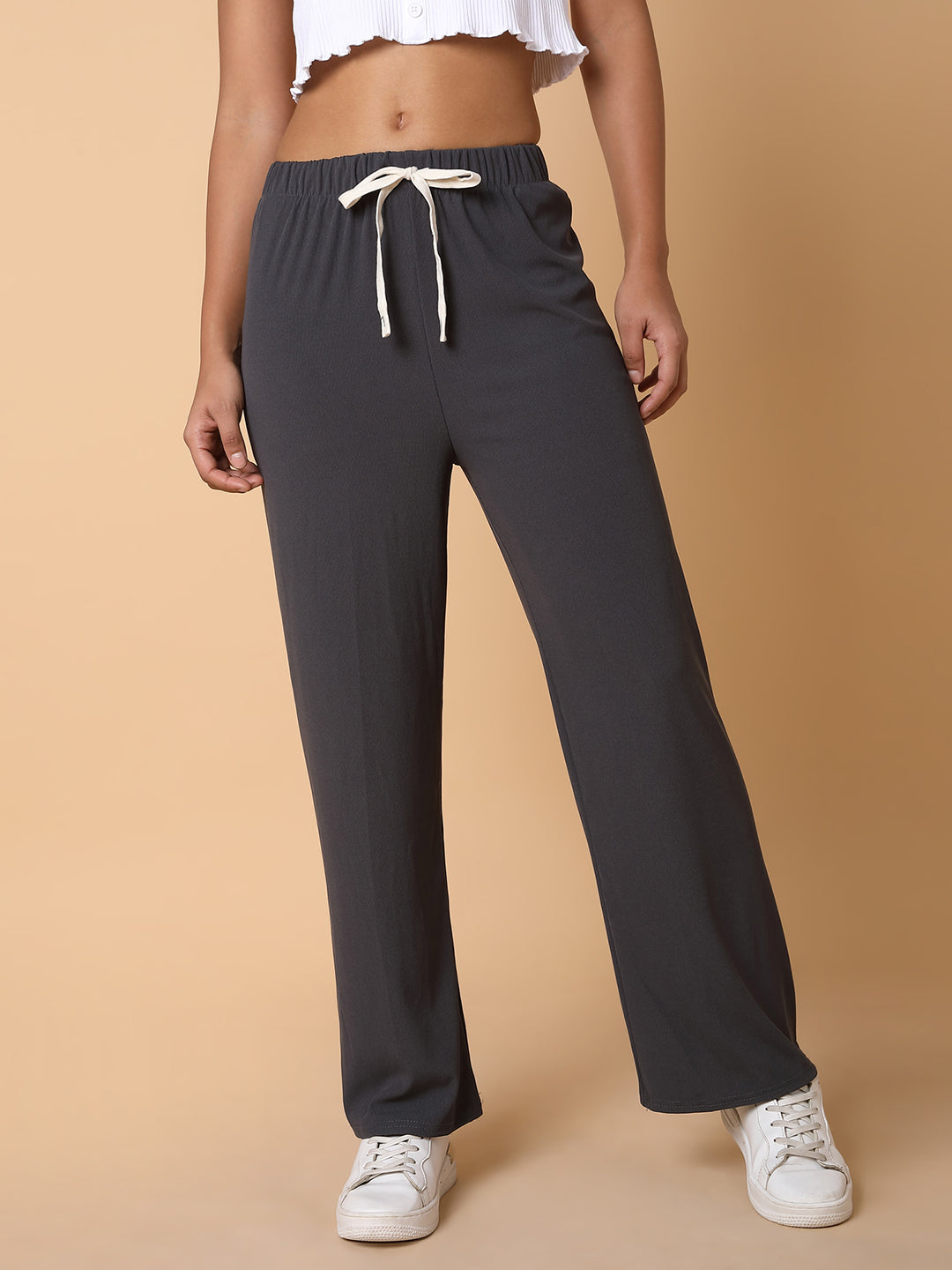 Women Flat Front Solid Grey Trousers