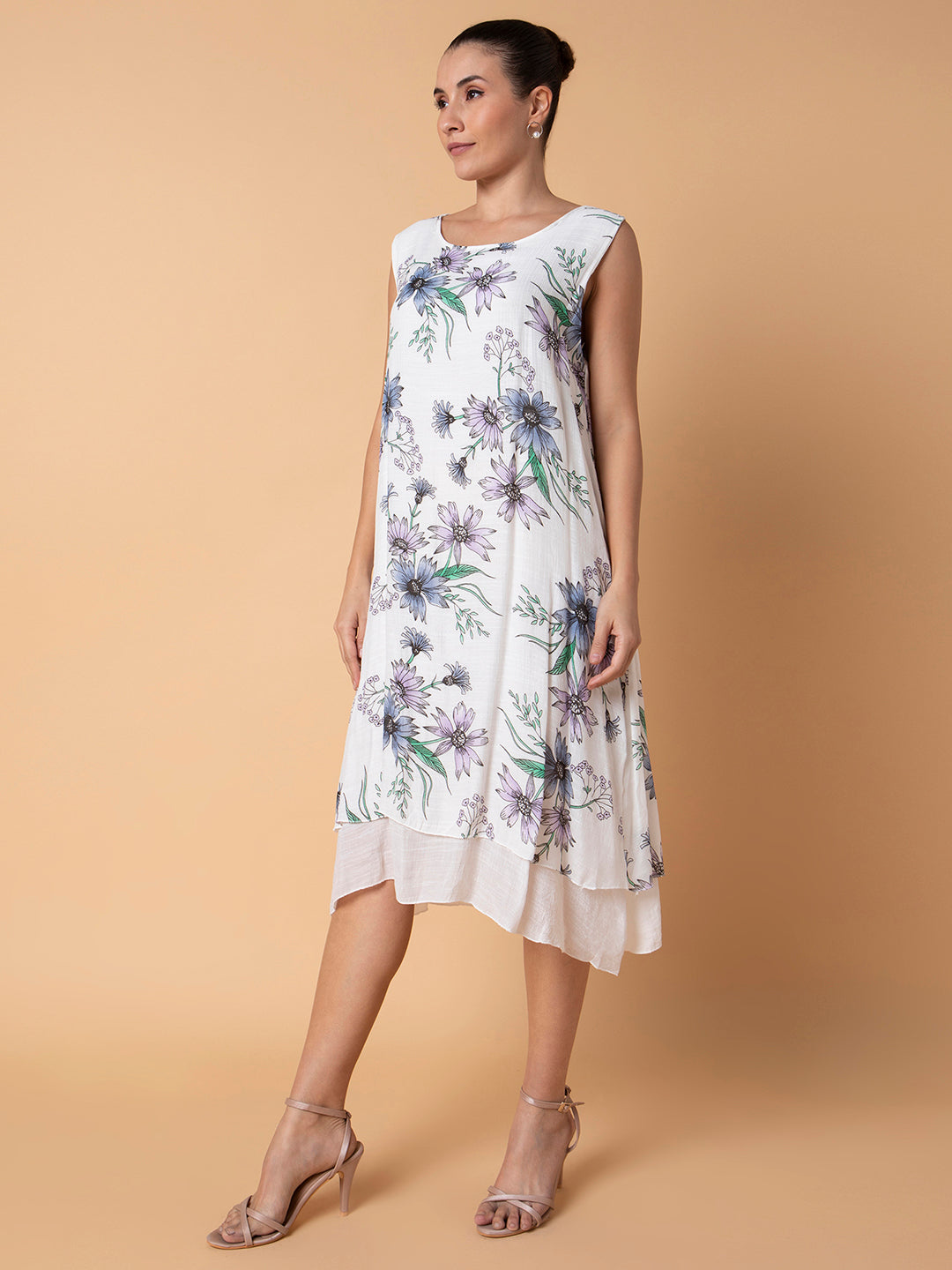 Women Floral Blue Midi A-Line Dress with shrug