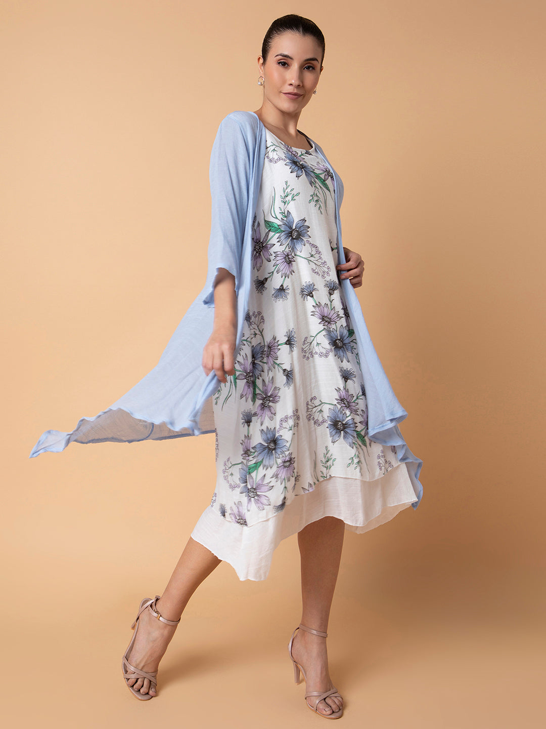 Women Floral Blue Midi A-Line Dress with shrug