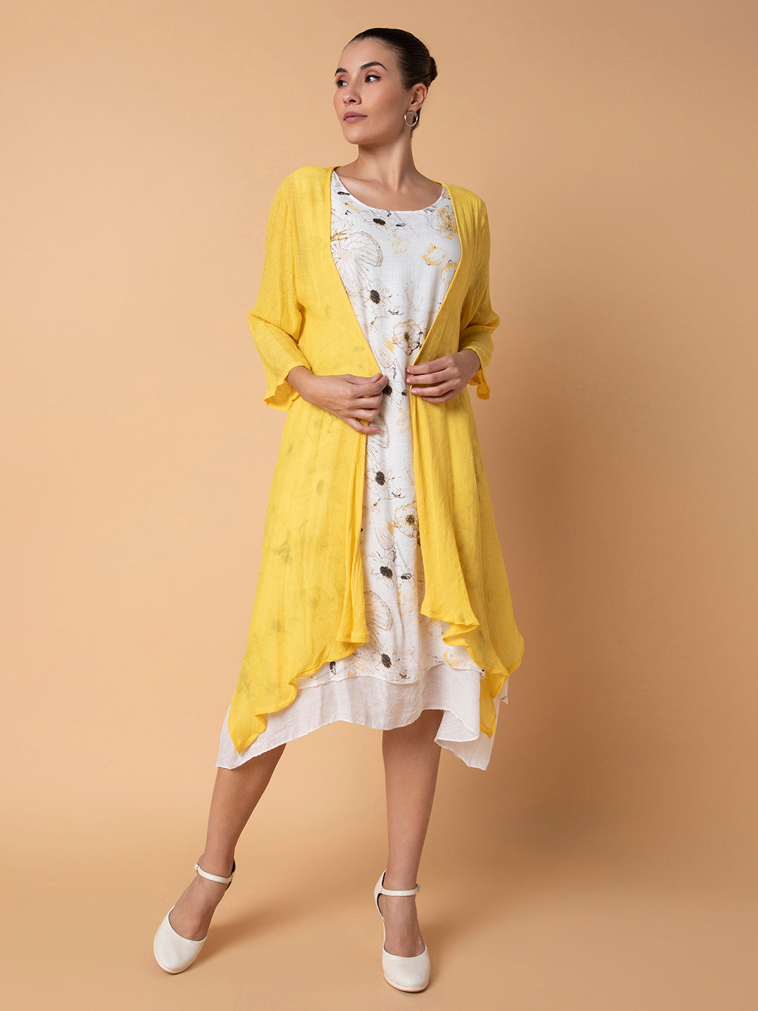 Women Floral Yellow Midi A-Line Dress with shrug