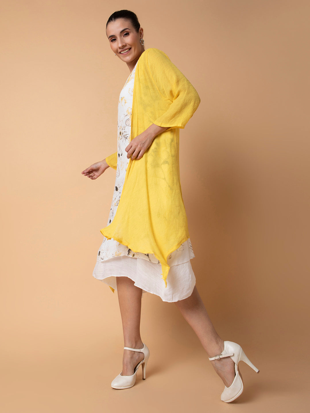 Women Floral Yellow Midi A-Line Dress with shrug