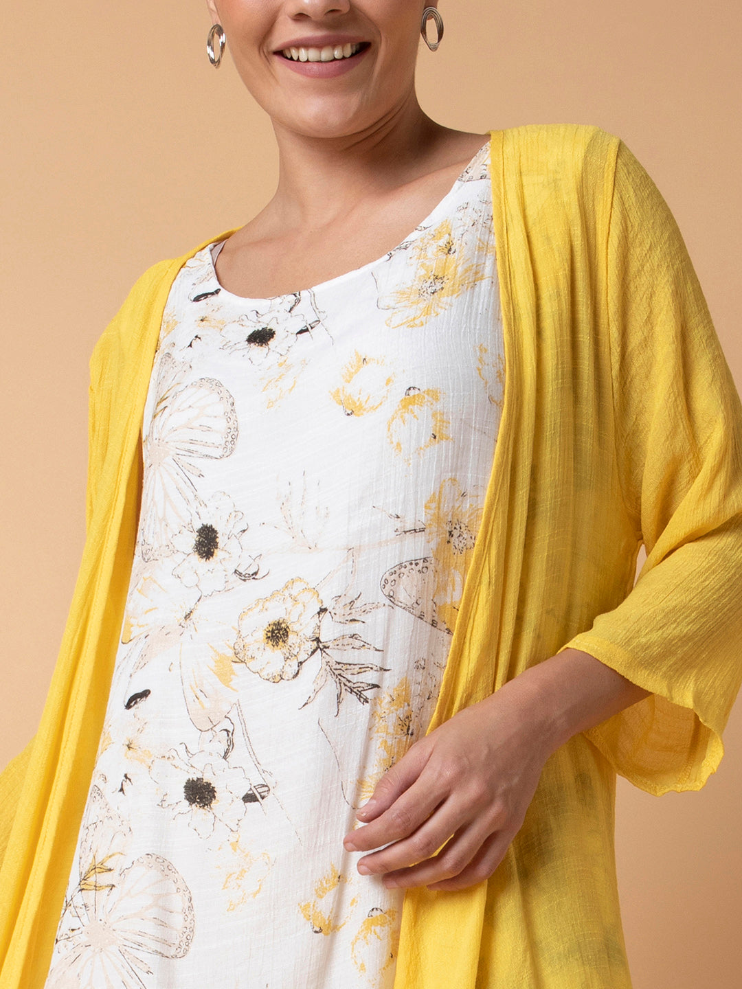 Women Floral Yellow Midi A-Line Dress with shrug