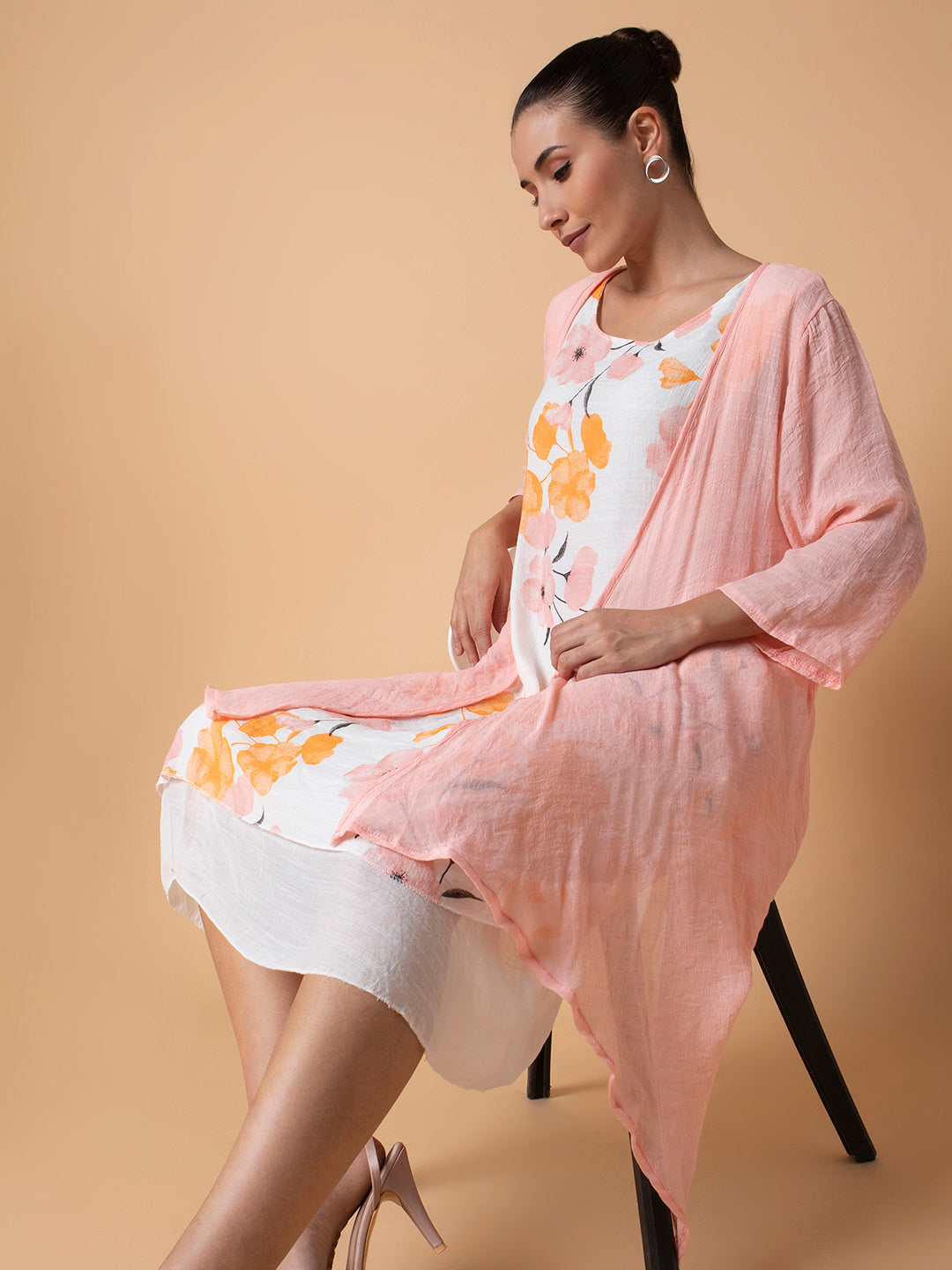 Women Floral Peach Midi A-Line Dress with shrug