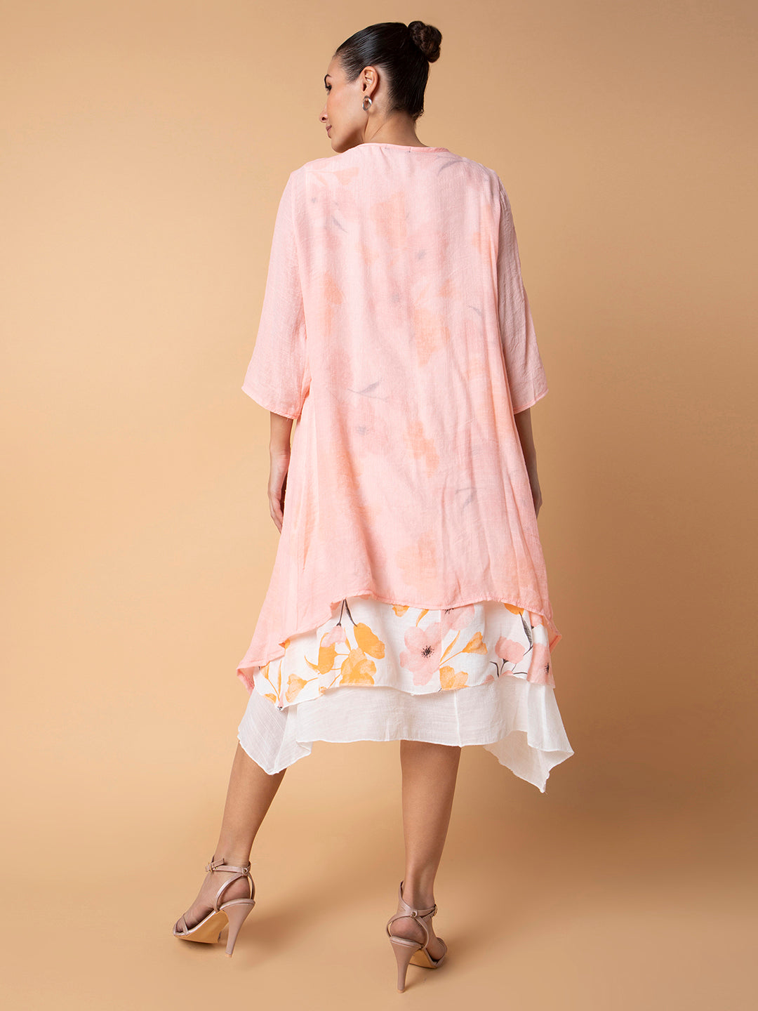Women Floral Peach Midi A-Line Dress with shrug