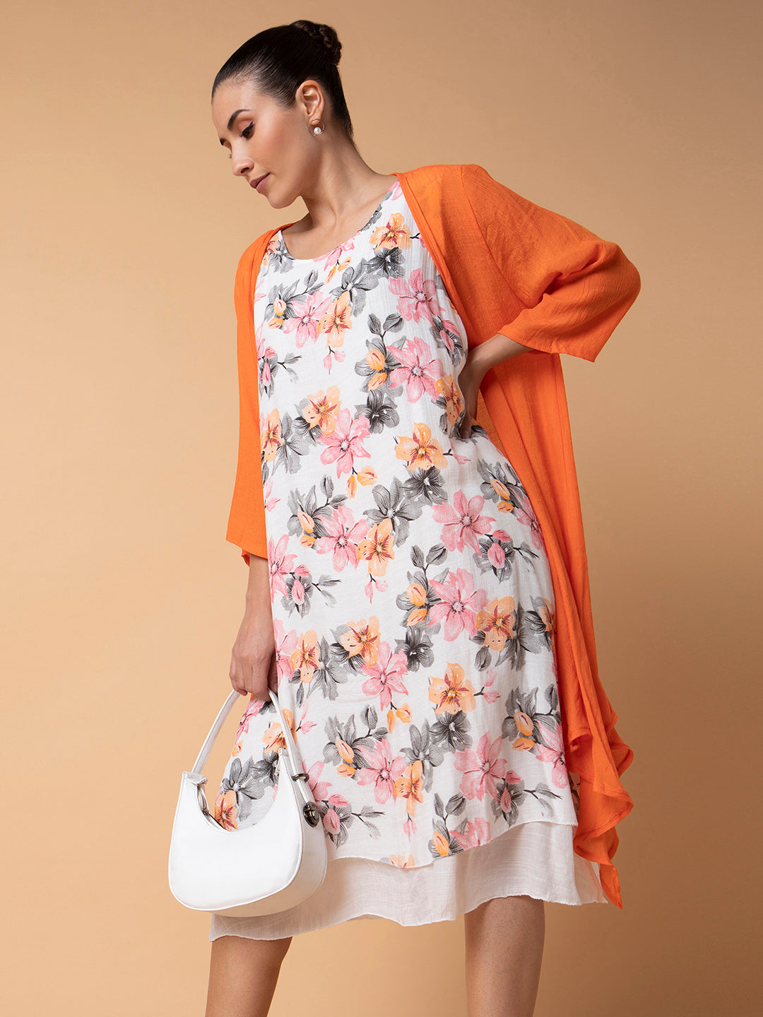 Women Floral Orange Midi A-Line Dress with shrug