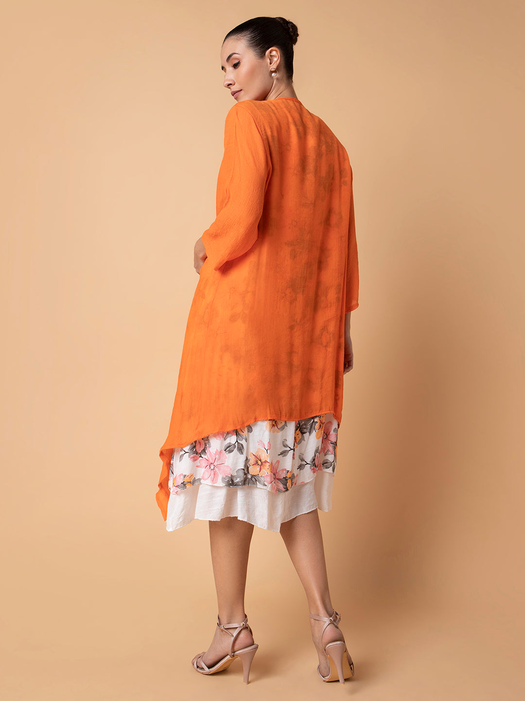Women Floral Orange Midi A-Line Dress with shrug