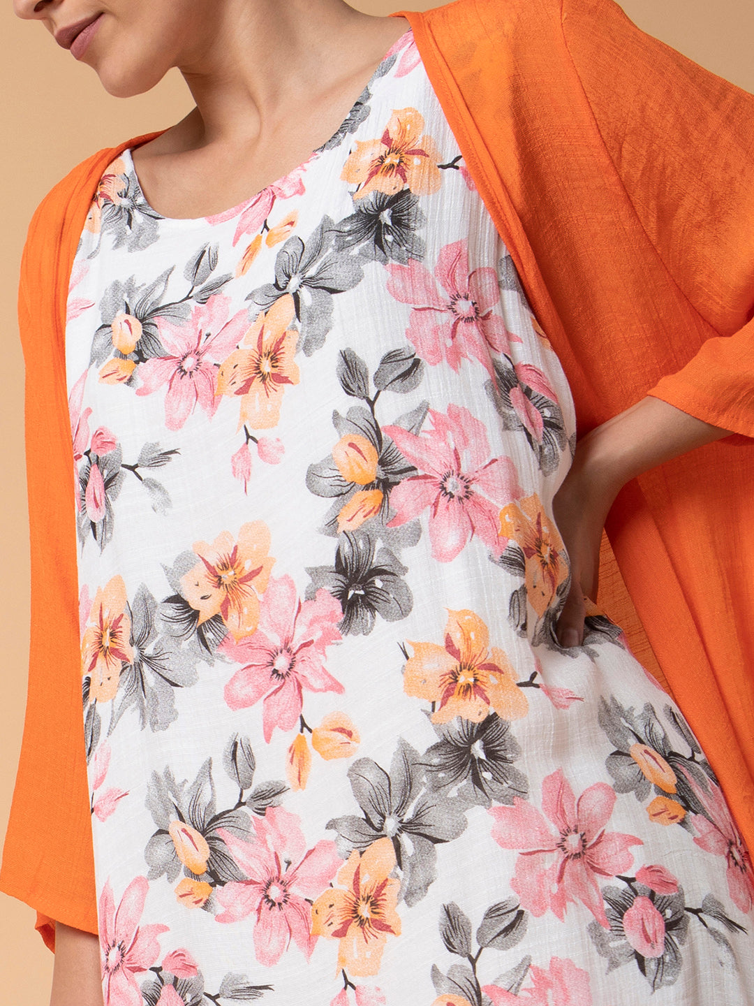 Women Floral Orange Midi A-Line Dress with shrug