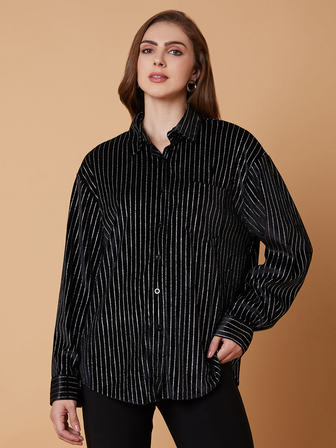 Women Striped Black Oversized Shirt
