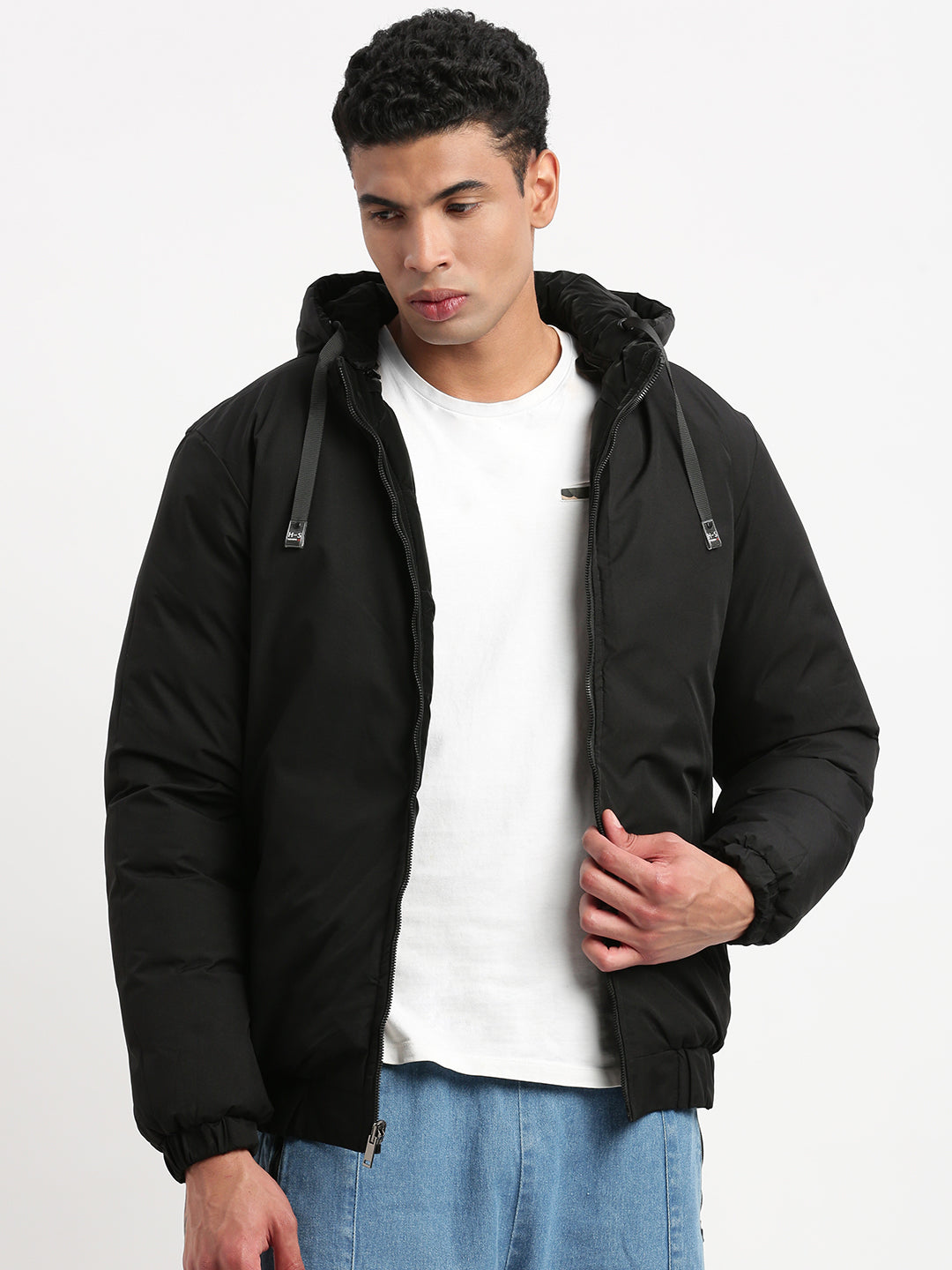 Men Mock Collar Black Solid Reversible Puffer Jacket comes with Detachable Hoodie