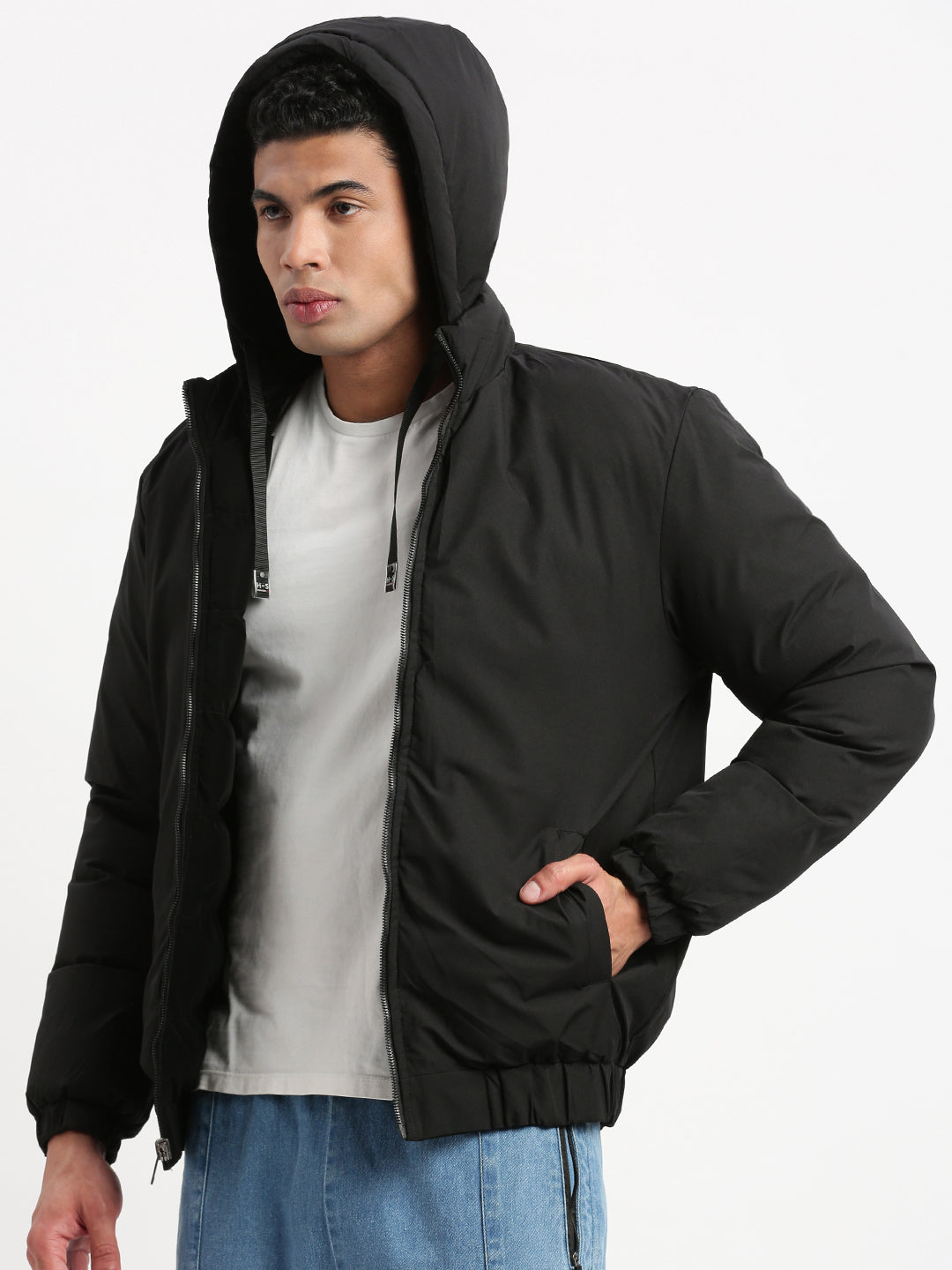 Men Mock Collar Black Solid Reversible Puffer Jacket comes with Detachable Hoodie