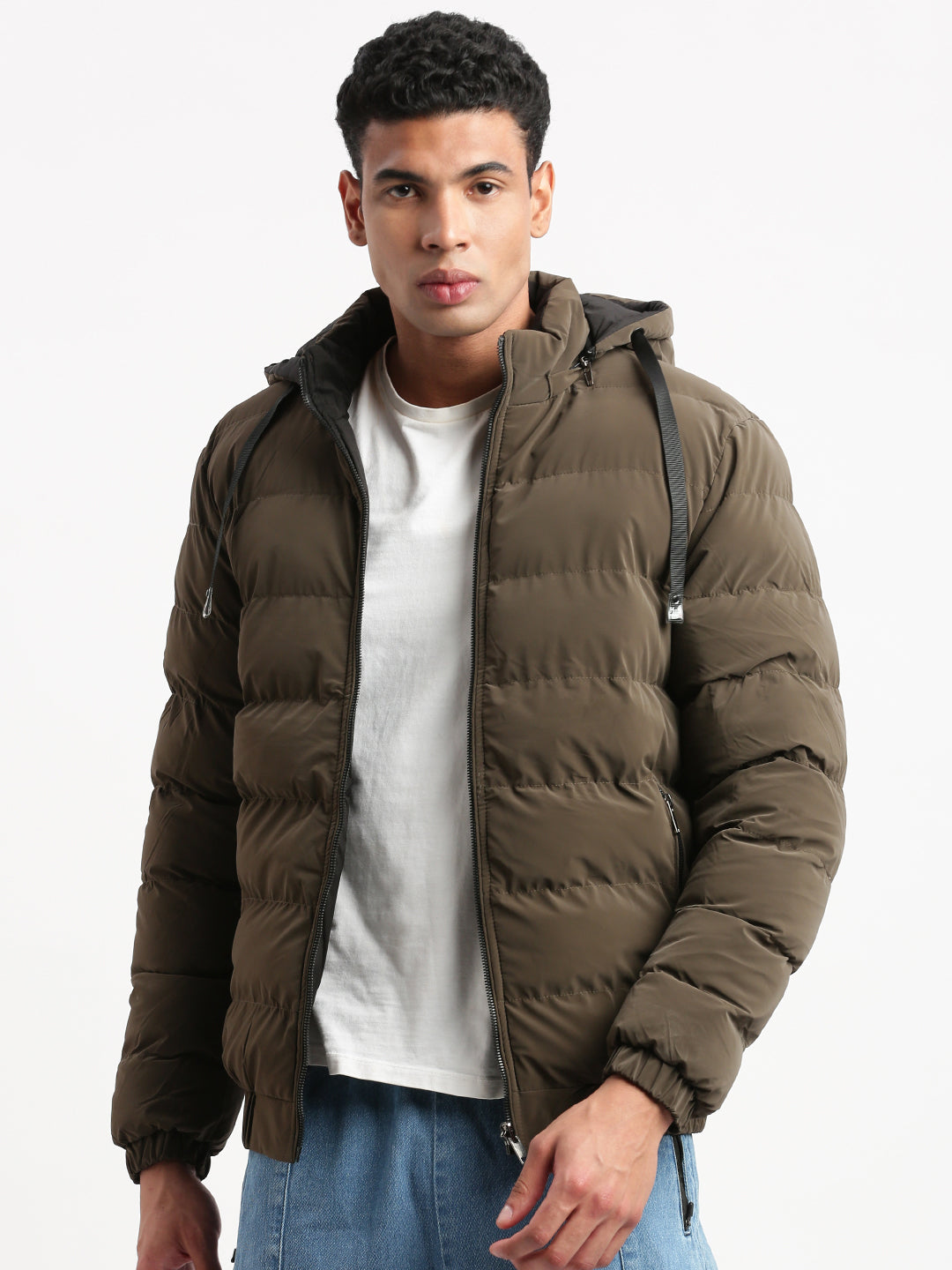 Men Mock Collar Brown Solid Reversible Puffer Jacket comes with Detachable Hoodie