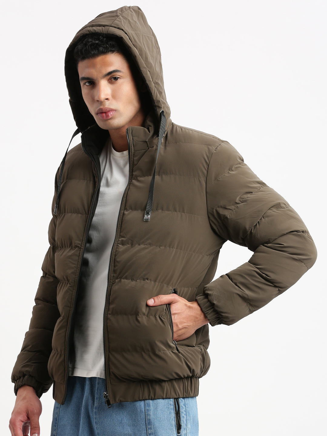 Men Mock Collar Brown Solid Reversible Puffer Jacket comes with Detachable Hoodie