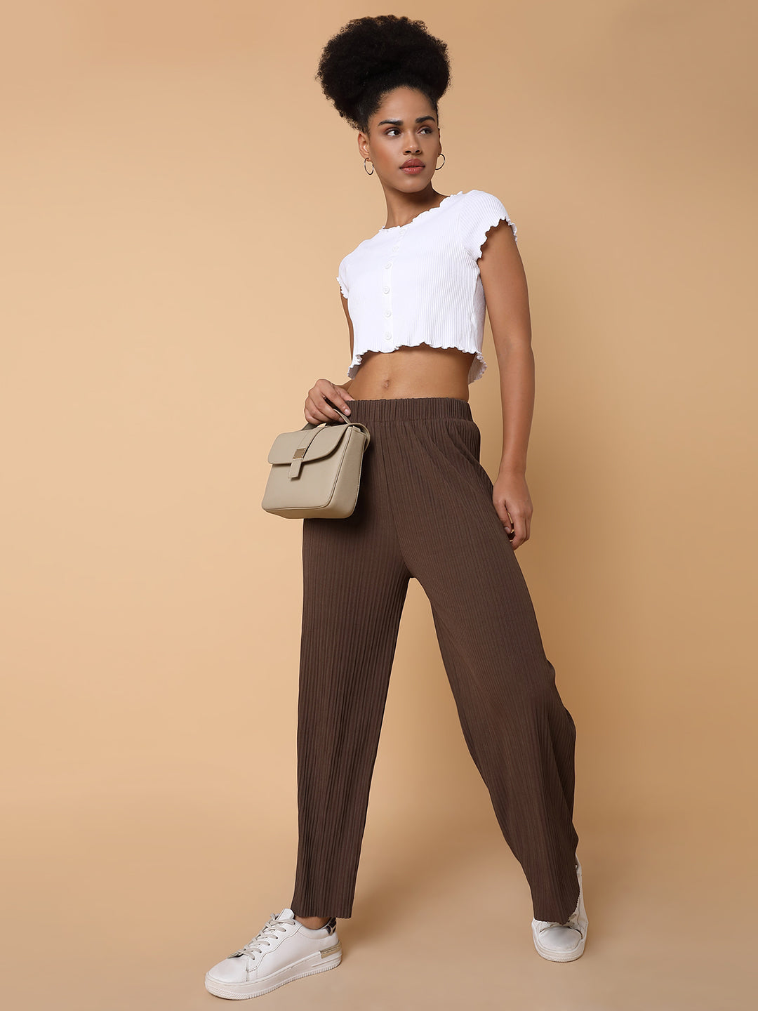 Women Flat Front Solid Brown Trousers