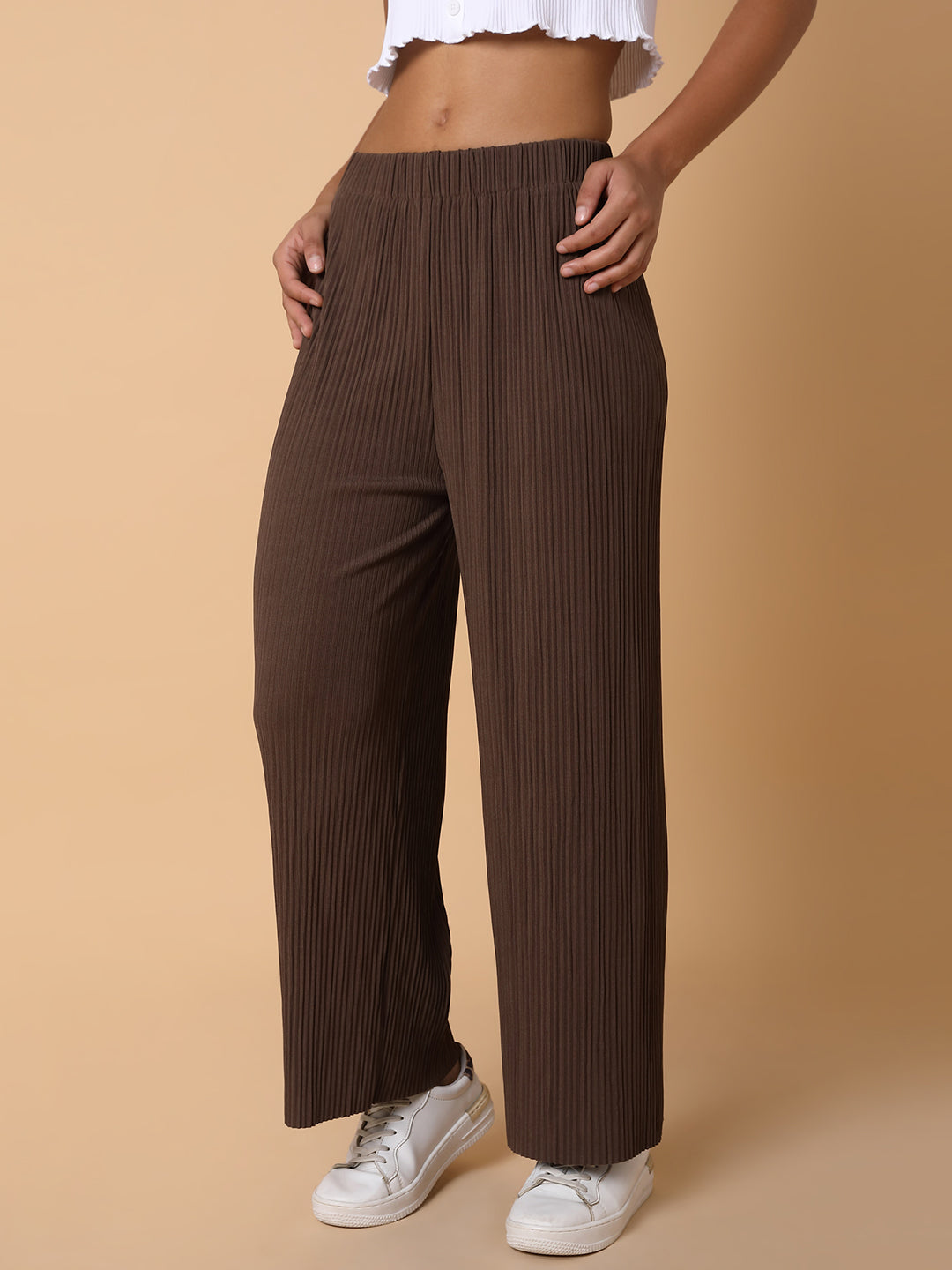 Women Flat Front Solid Brown Trousers