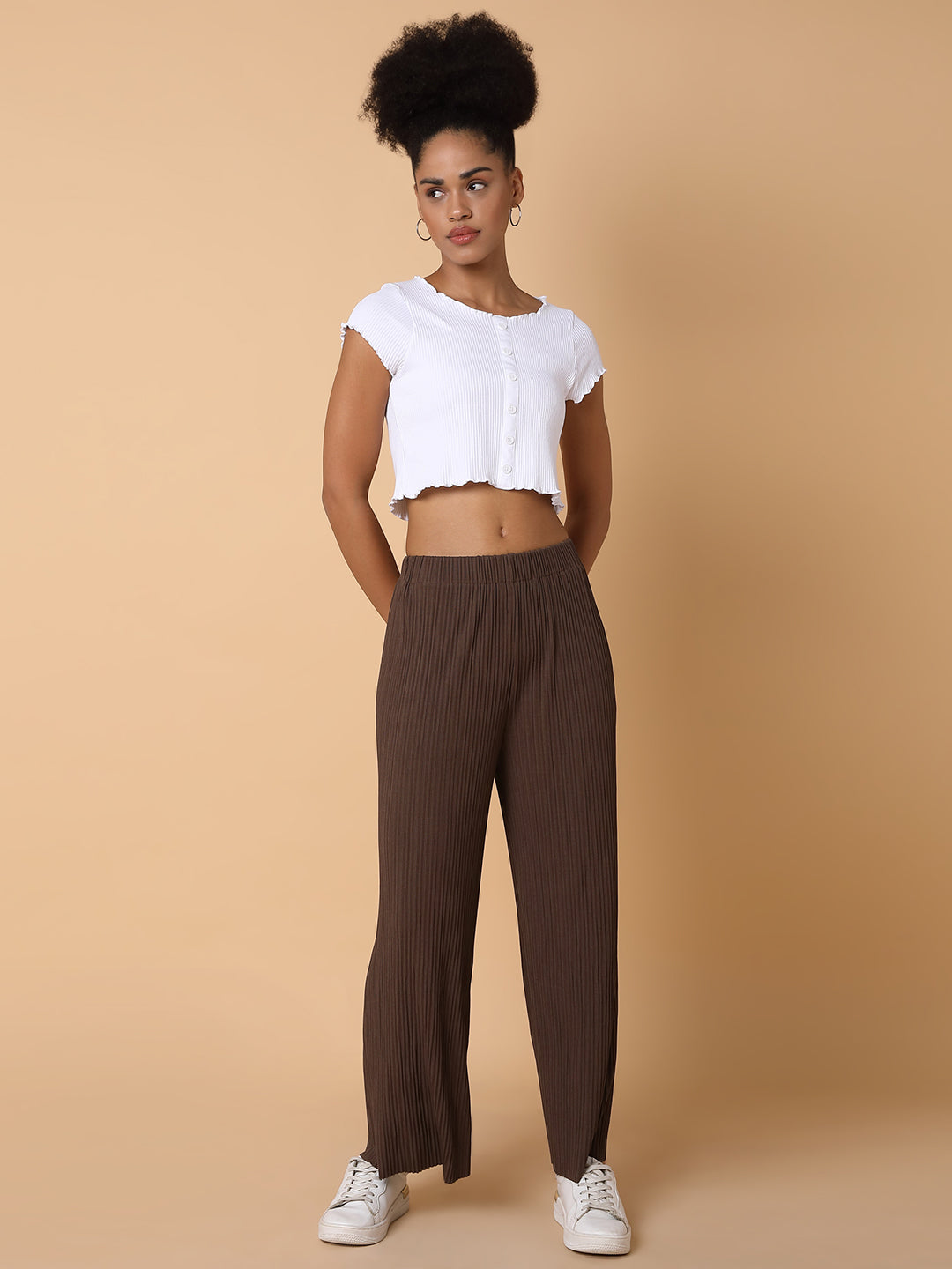 Women Flat Front Solid Brown Trousers