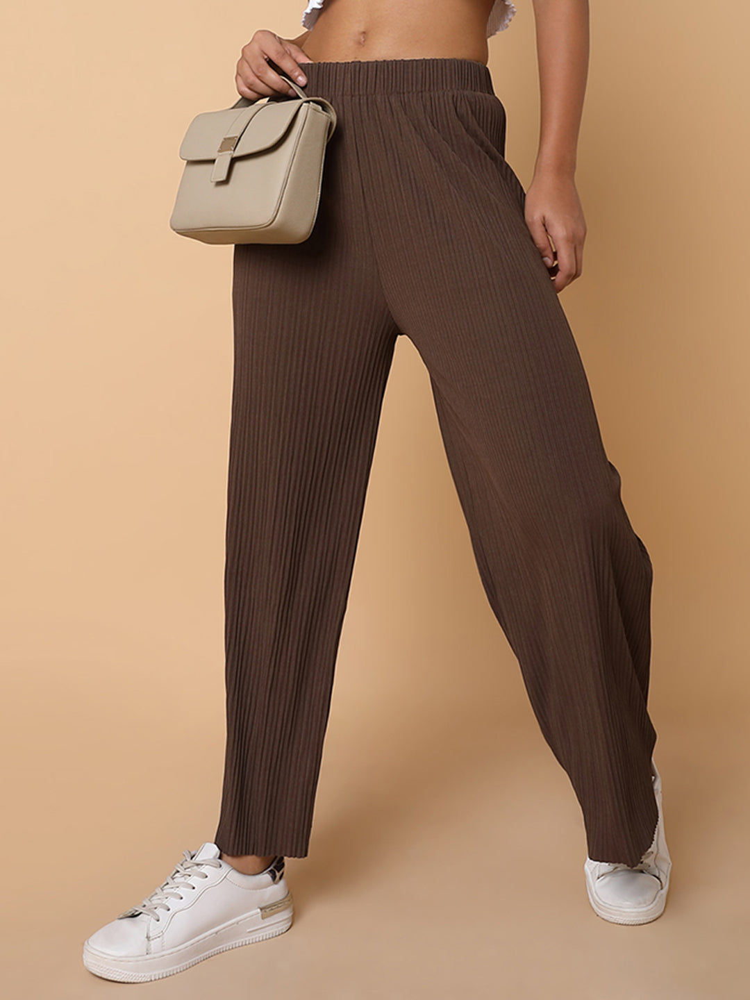 Women Flat Front Solid Brown Trousers