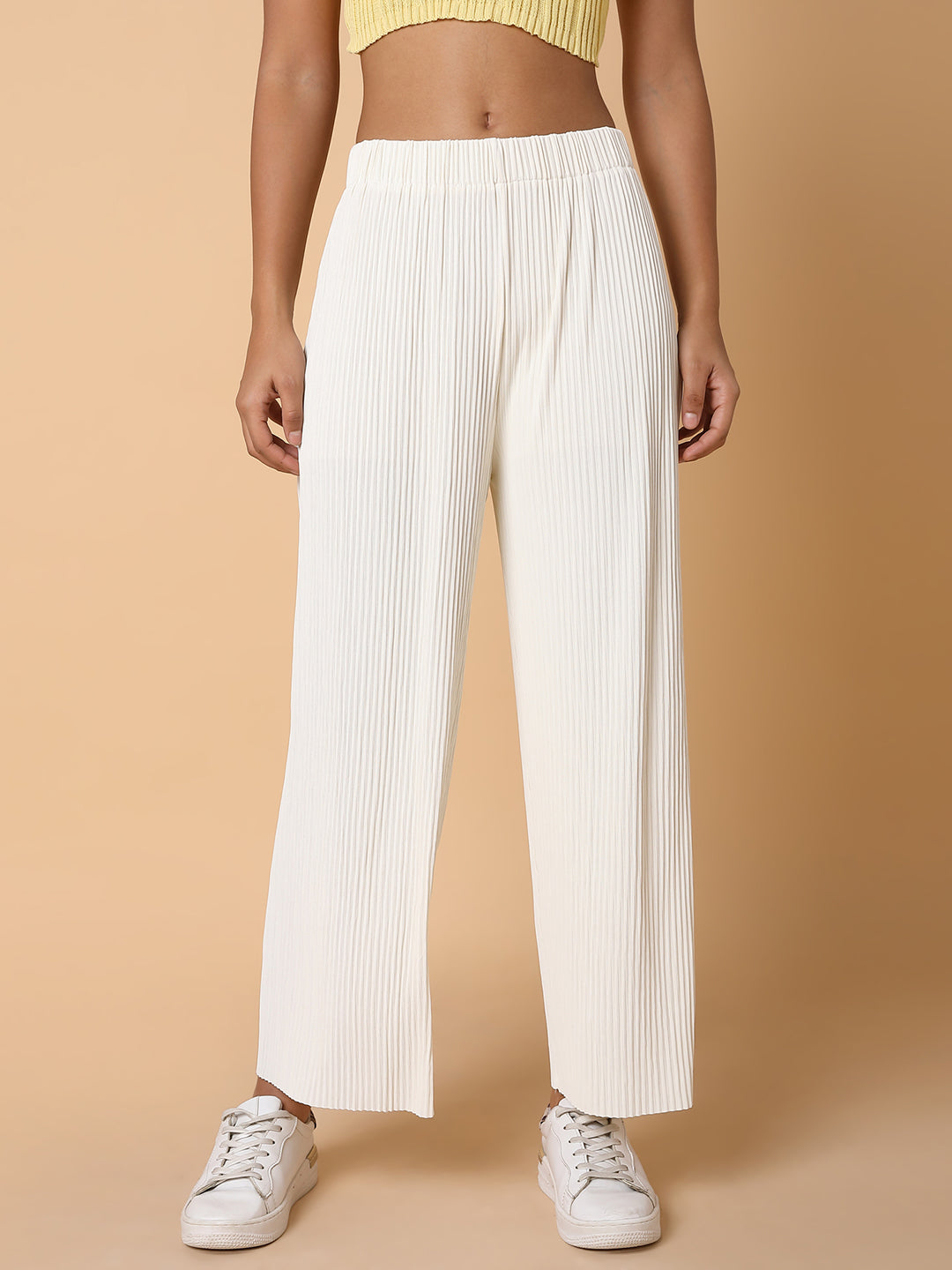 Women Flat Front Solid Cream Trousers