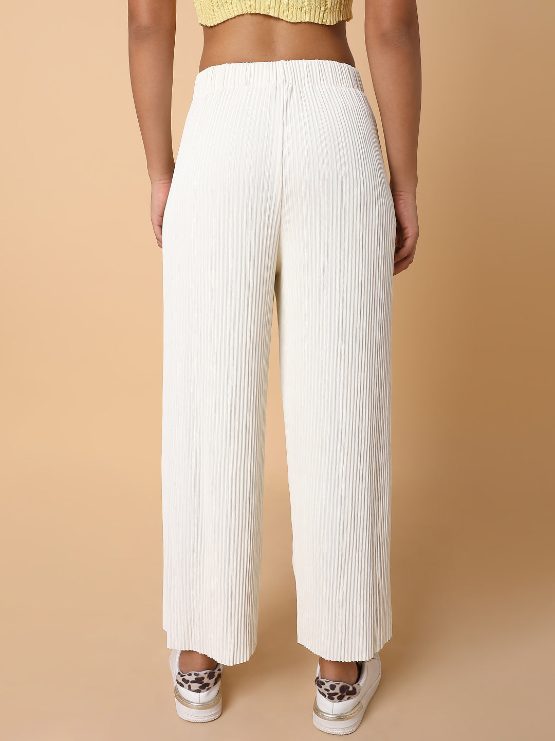 Women Flat Front Solid Cream Trousers