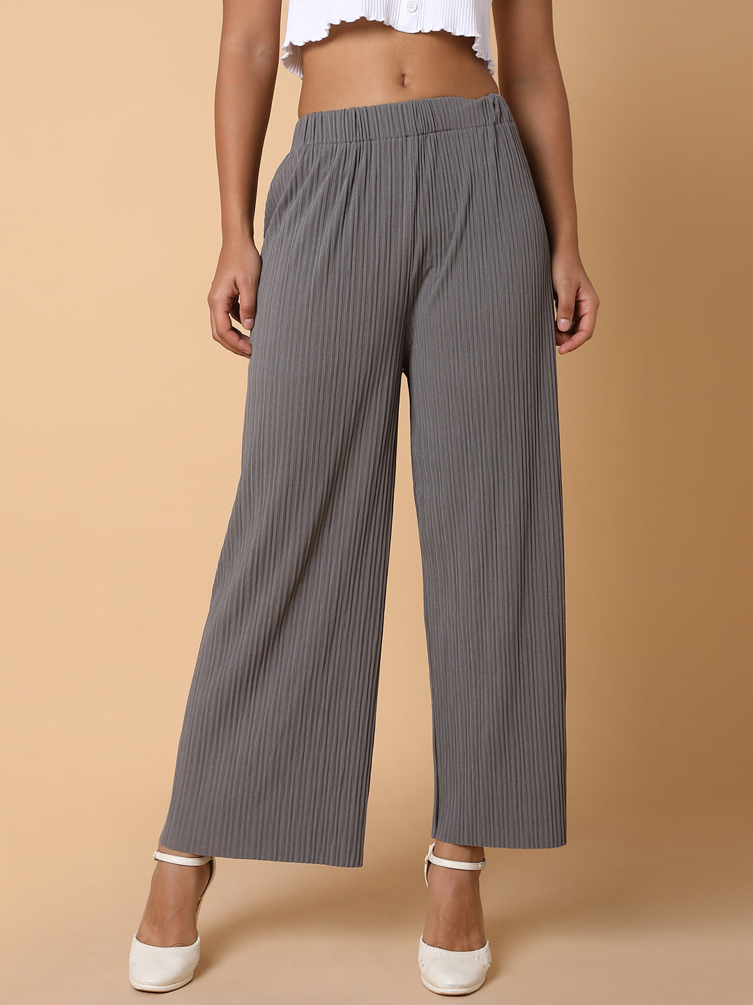 Women Flat Front Solid Grey Trousers